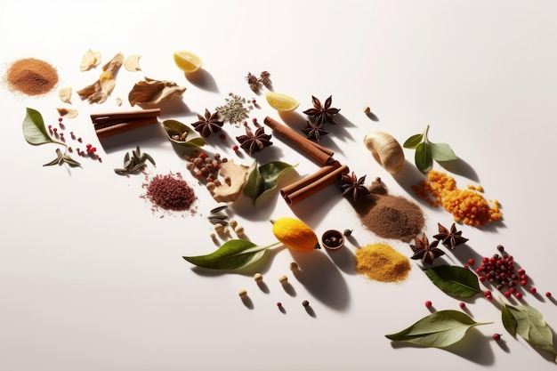 Spices and herbs with shadow on white background