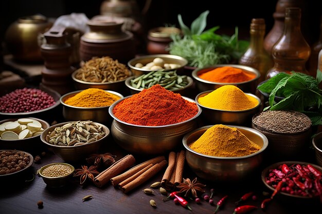 Spices and herbs on wooden background Food and cuisine ingredients