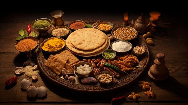 Spices and herbs on wooden background Food and cuisine ingredients