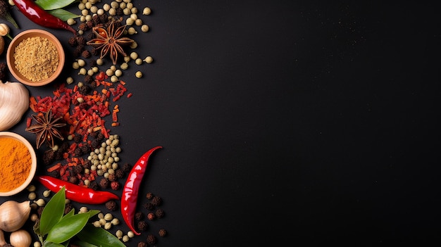 Spices and herbs over wooden background Top view with free space for menu or recipes