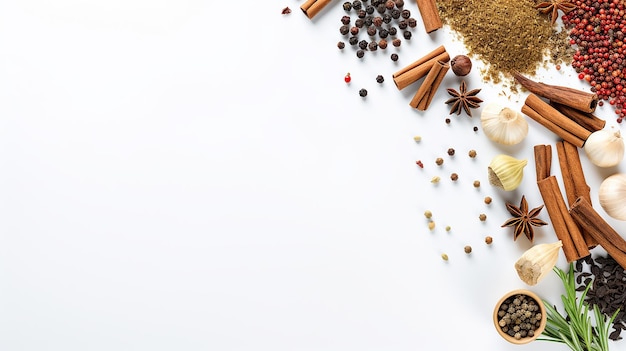 Spices and herbs over wooden background Top view with free space for menu or recipes