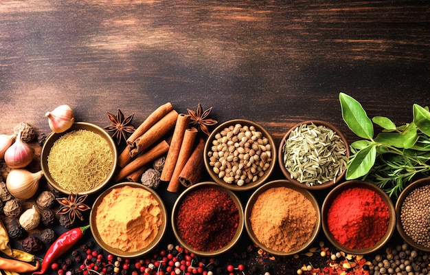 Spices and herbs in wooden bowls Food and cuisine ingredients