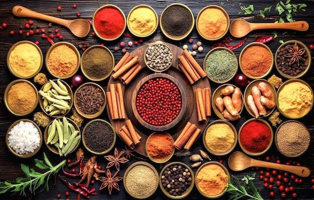 Spices and herbs in wooden bowls Food and cuisine ingredients