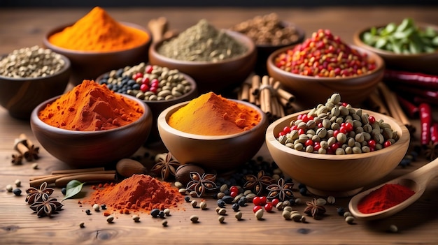 Spices and herbs in wooden bowls Food and cuisine ingredients