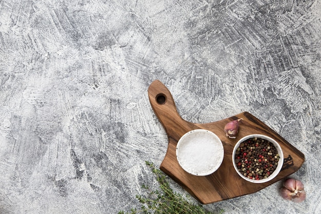 Spices, Herbs, Wooden Cutting board for cooking.