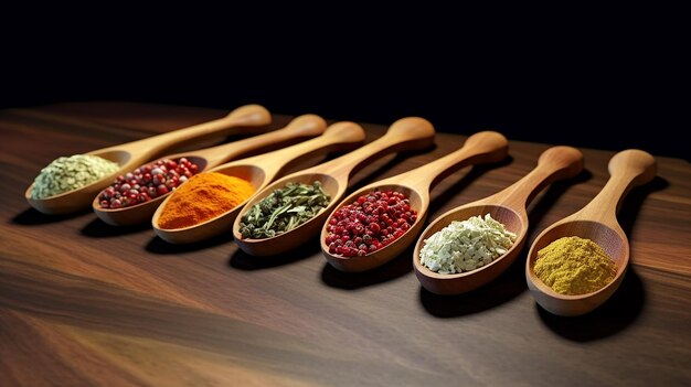 Spices and herbs in wooden spoon collection background