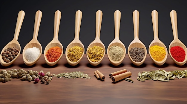 Spices and herbs in wooden spoon collection background