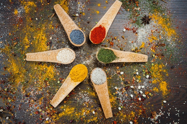 Spices and herbs in wooden spoons