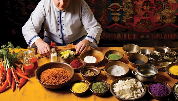 Foto spezie ed erbe aromatiche su un tavolo di legno con uno chef sullo sfondo