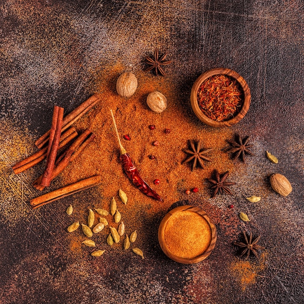 Spices ingredients for cooking. spices concept. top view.