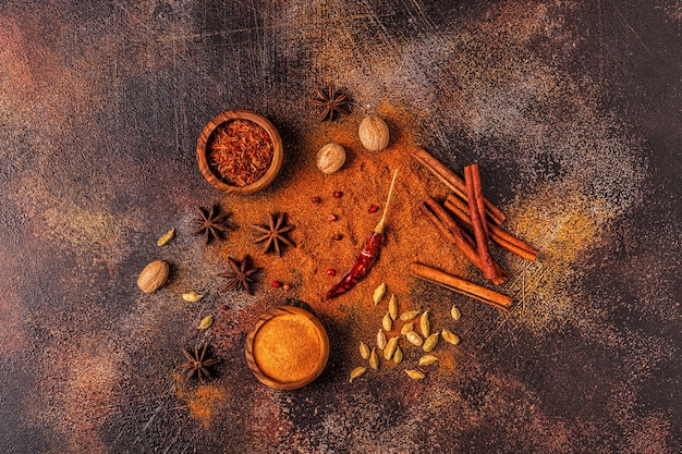 Spices ingredients for cooking. spices concept. top view.