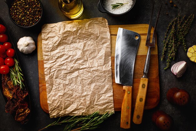 Spices and ingredients for meat steak cooking top view Wooden board with crafting paper sheet with space for text on black background