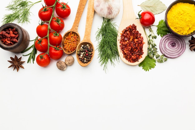 Spices and ingredients on table with copy-space