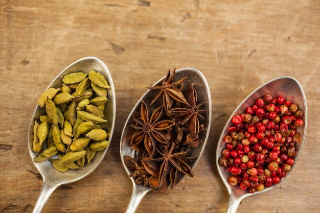 Spices inside tablespoons on the wooden table