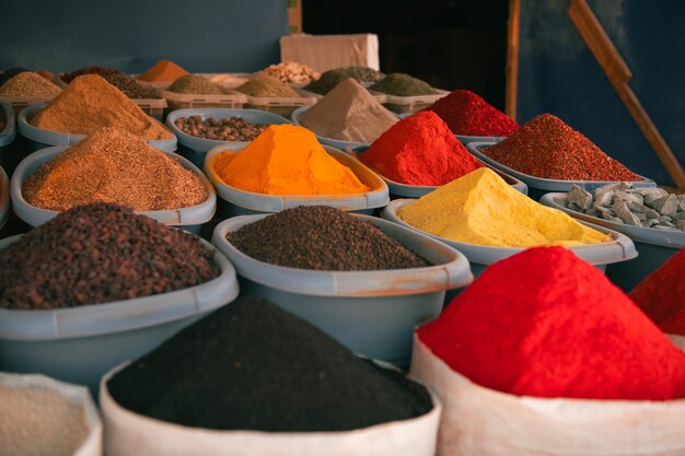 Spices on the market at the Chorsu Bazaar in Tashkent Uzbekistan Selective focus with copy space for text