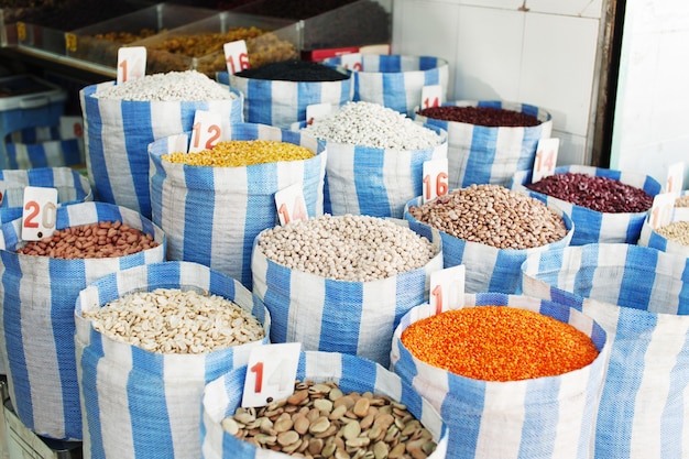 Spices, nuts and vegetables in open market in Tel Aviv, Israel