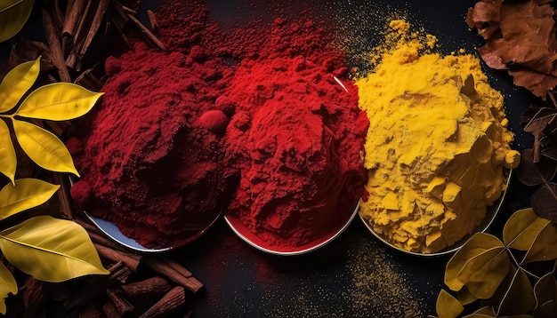 spices powders with leaves isolated for photo realistic