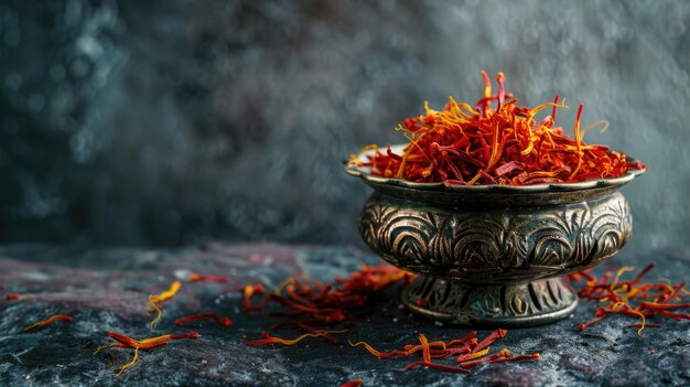 Photo spices saffron saffron on a stone table in an antique bowl seasonings