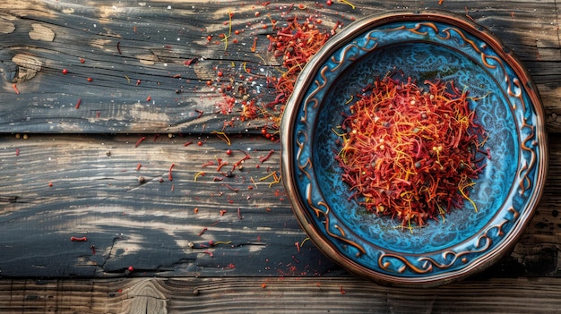 Photo spices saffron saffron on a wooden table in an antique bowl seasonings