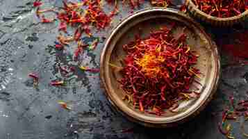 Photo spices saffron saffron on a wooden table in an antique bowl seasonings