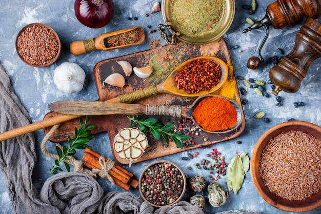 Spices and seasonings on a concrete table