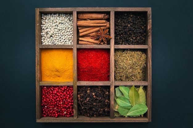 Spices and seasonings for cooking in a wooden box