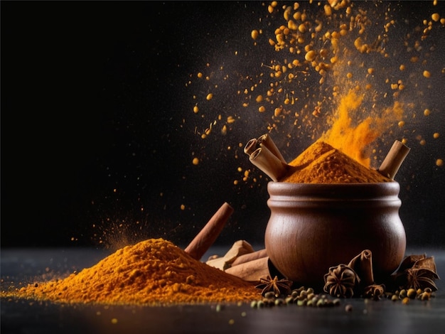 Spices and seasonings powder splash explosion on black background