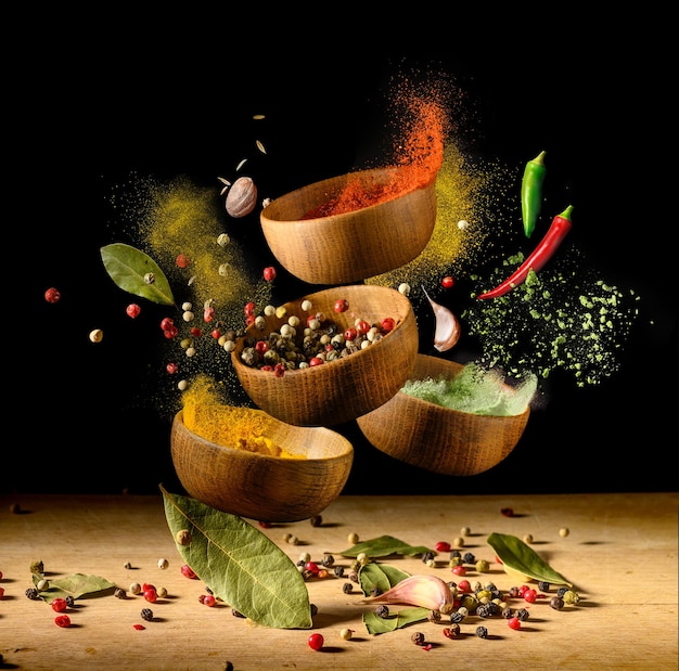 Photo spices and seasonings powder splash explosion on black