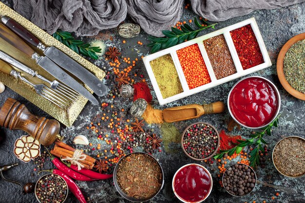 Spices and seasonings on a wooden table