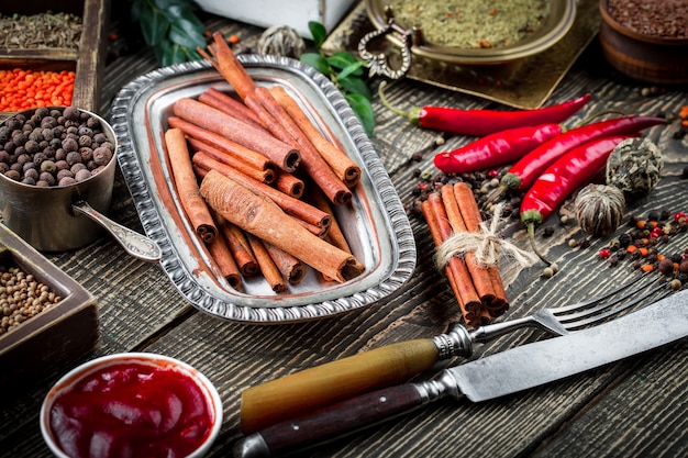 Spices and seasonings on a wooden table