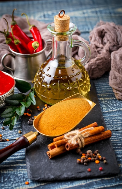 Spices and seasonings on a wooden table