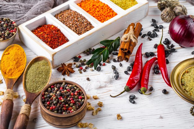 Spices and seasonings on a wooden table