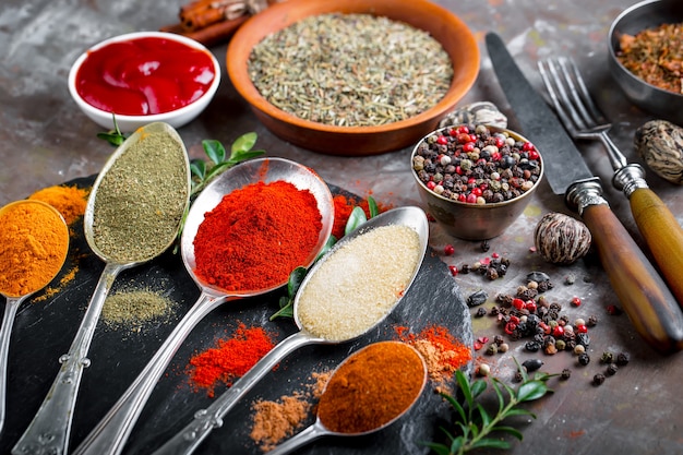 Spices and seasonings on a wooden table