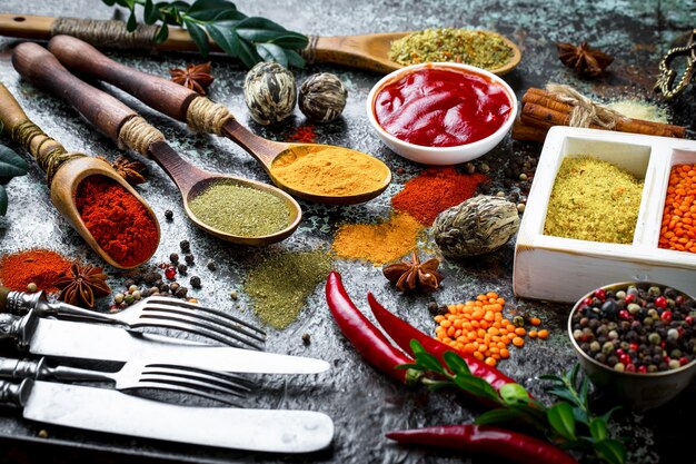 Spices and seasonings on a wooden table