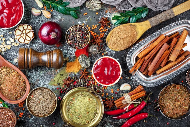 Spices and seasonings on a wooden table