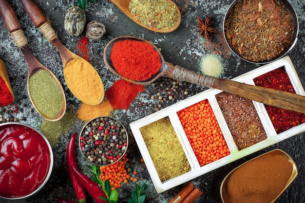 Spices and seasonings on a wooden table