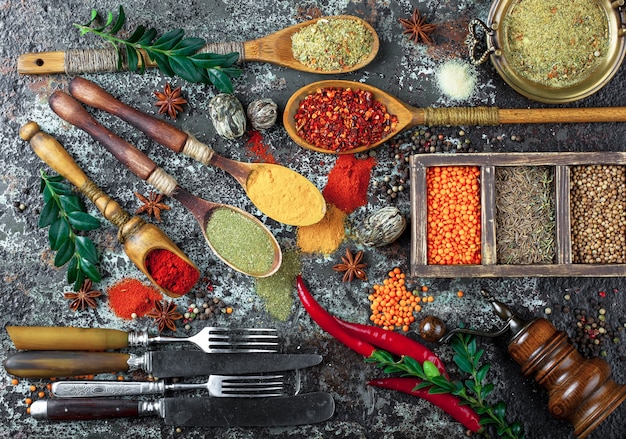 Spices and seasonings on a wooden table