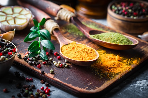 Spices and seasonings on a wooden table