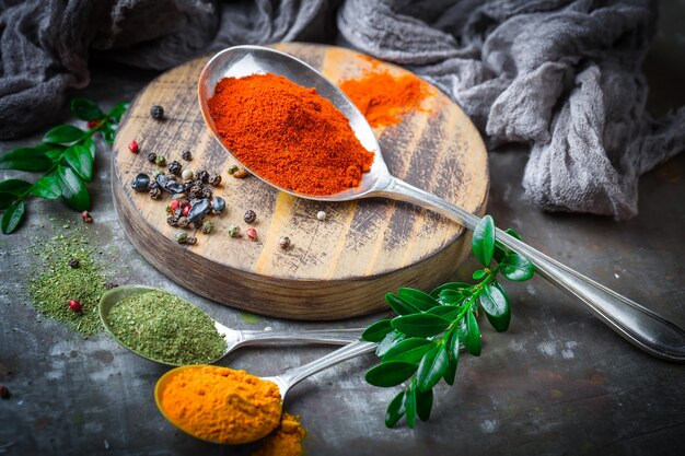 Spices and seasonings on a wooden table