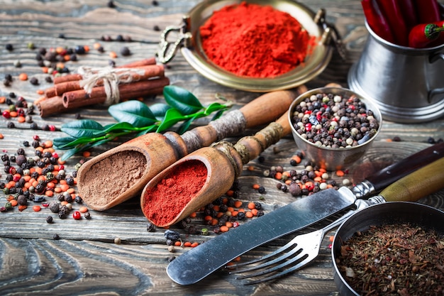 Spices and seasonings on a wooden table