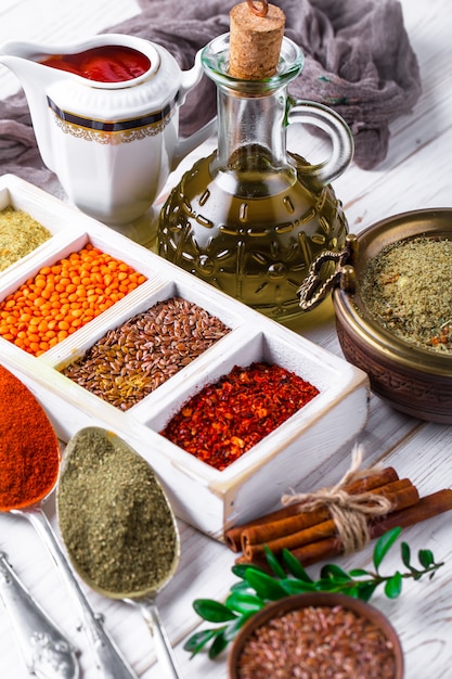 Spices and seasonings on a wooden table