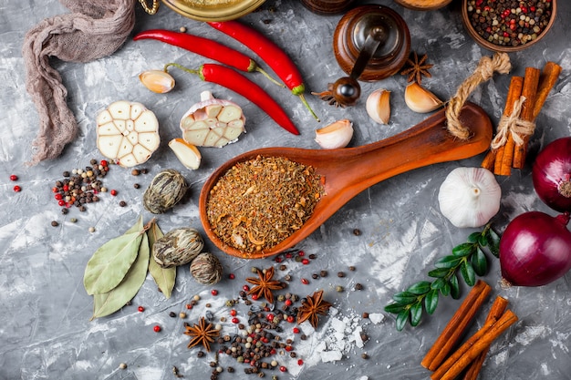 Photo spices and seasonings on a wooden table