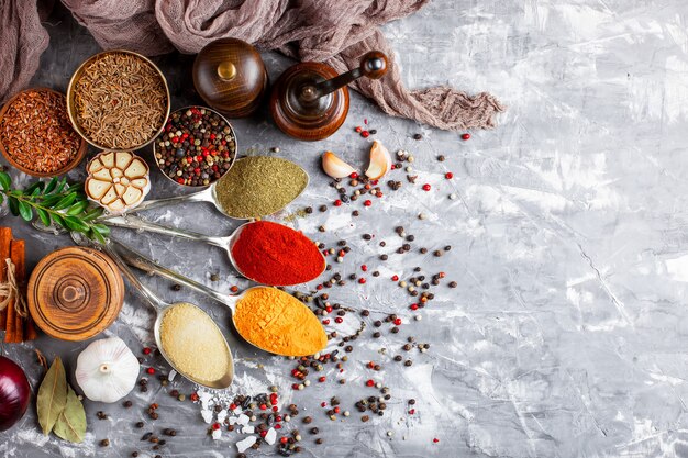 Photo spices and seasonings on a wooden table