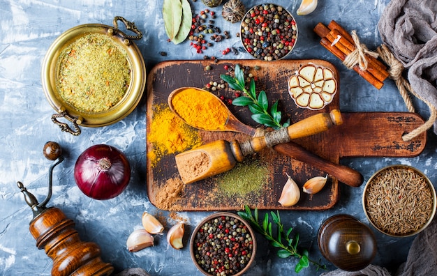 Spices and seasonings on a wooden table