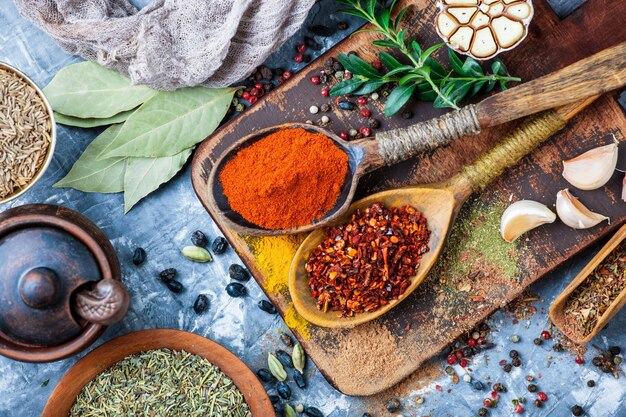 Spices and seasonings on a wooden table