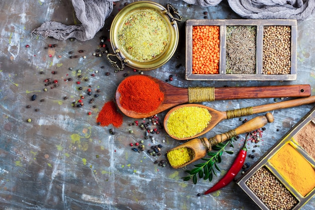 Spices and seasonings on a wooden table