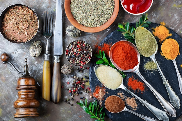 Spices and seasonings on a wooden table