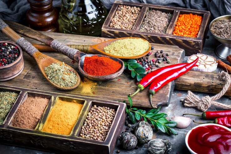 Spices and seasonings on a wooden table