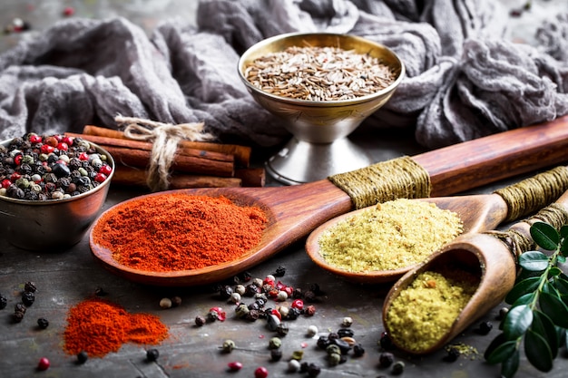 Spices and seasonings on a wooden table