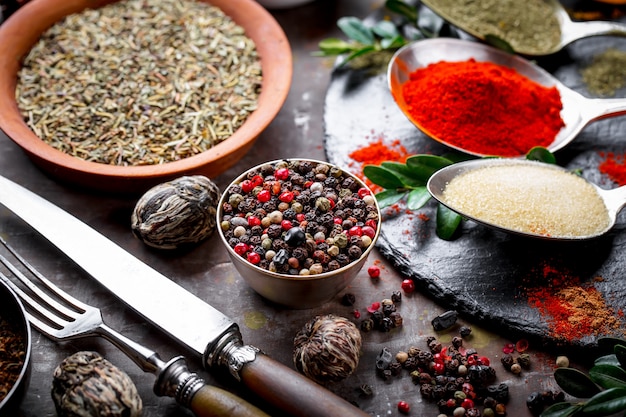 Photo spices and seasonings on a wooden table